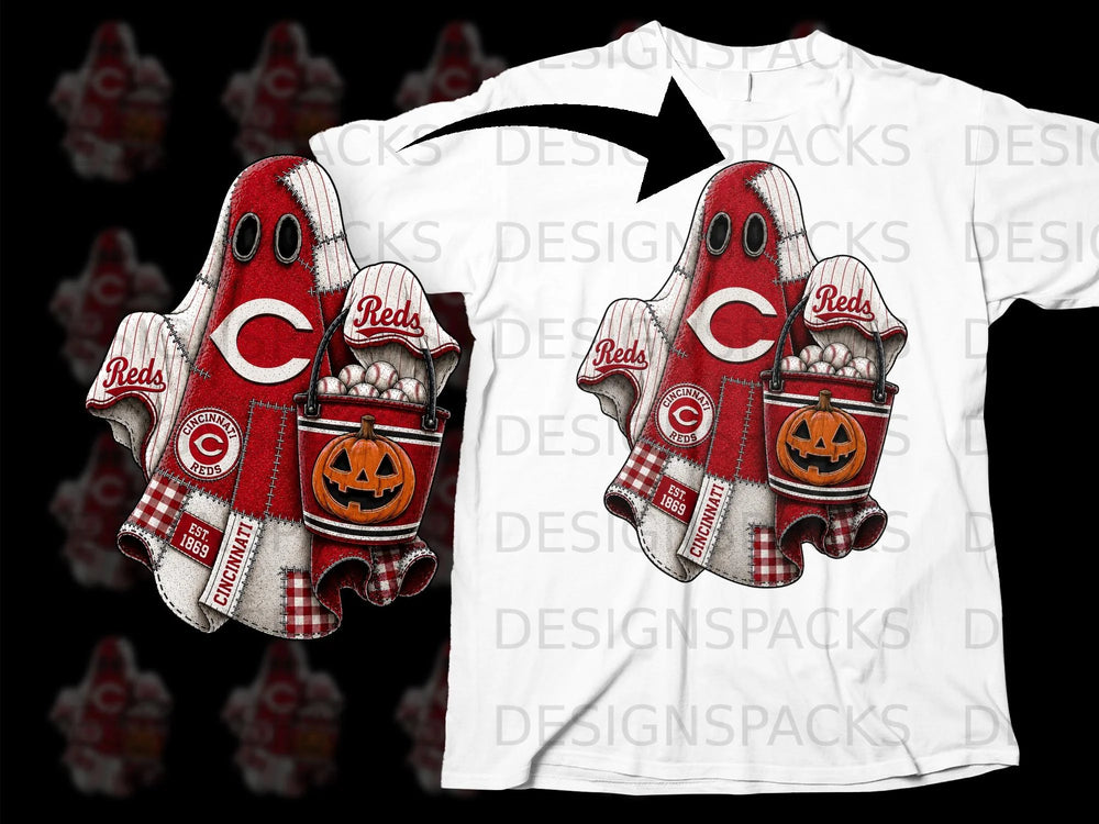 Cincinnati Reds themed ghost holding pumpkin and baseball bucket on white t-shirt.