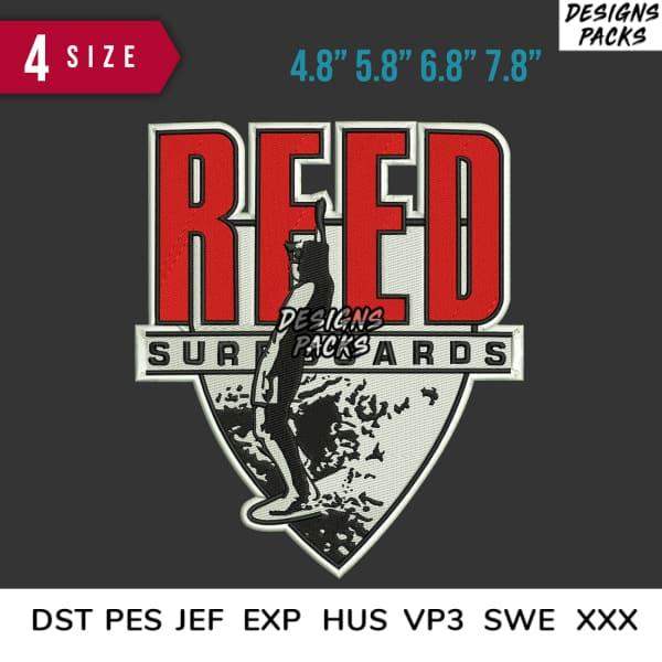 Reed Surfboards embroidery design in 4 sizes, DST PES JEF formats, print-ready for apparel