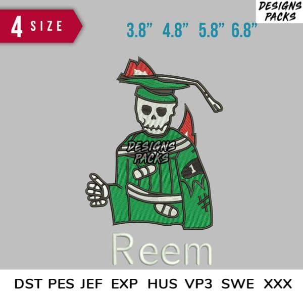Embroidery design of skeleton in green graduation cap and gown, available in 4 sizes, DST PES JEF formats