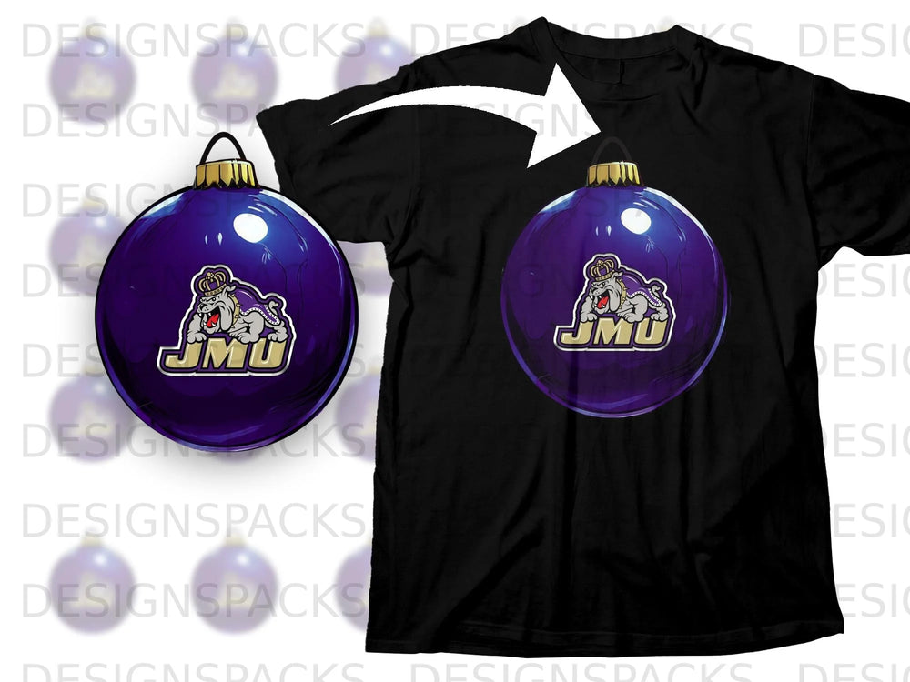 Black t-shirt with a purple Christmas ornament featuring JMU bulldog.