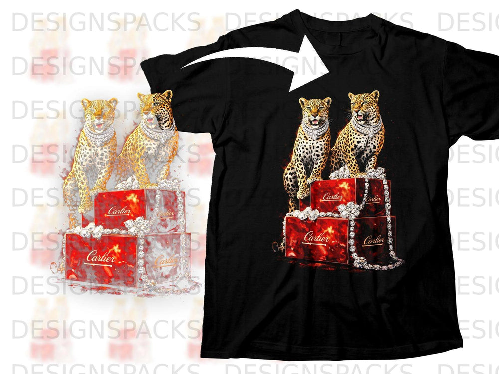 Black t-shirt with two jeweled leopards sitting on Cartier boxes.