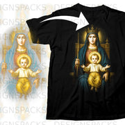 Black t-shirt featuring an illustration of Mary crowned, holding baby Jesus.