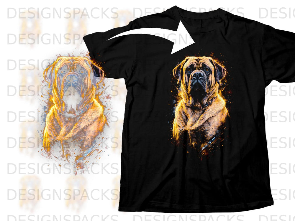 Black t-shirt featuring a vibrant graphic of a Mastiff dog with an artistic, paint-splatter effect.