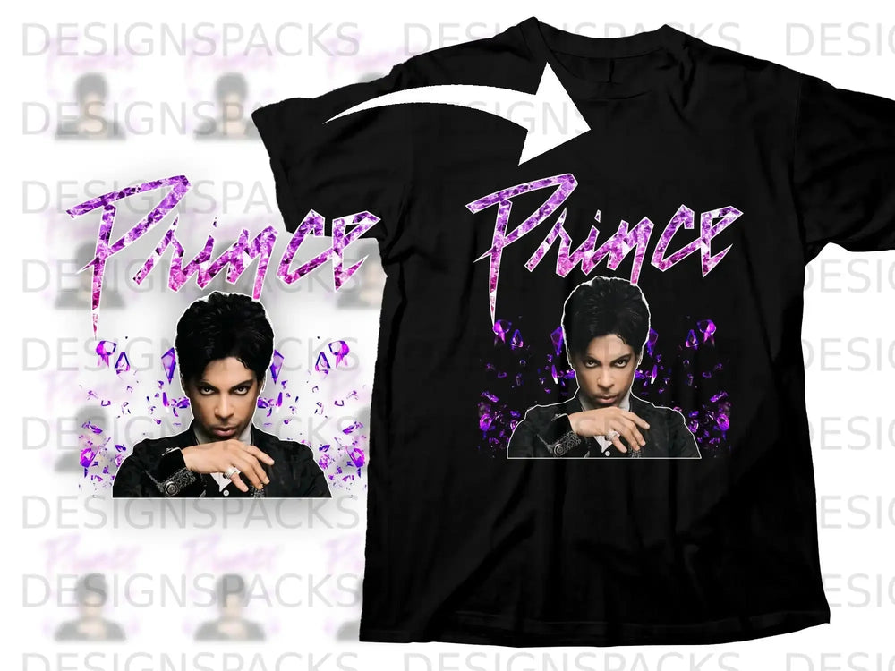 Black t-shirt with a purple and pink graphic of Prince and his name.