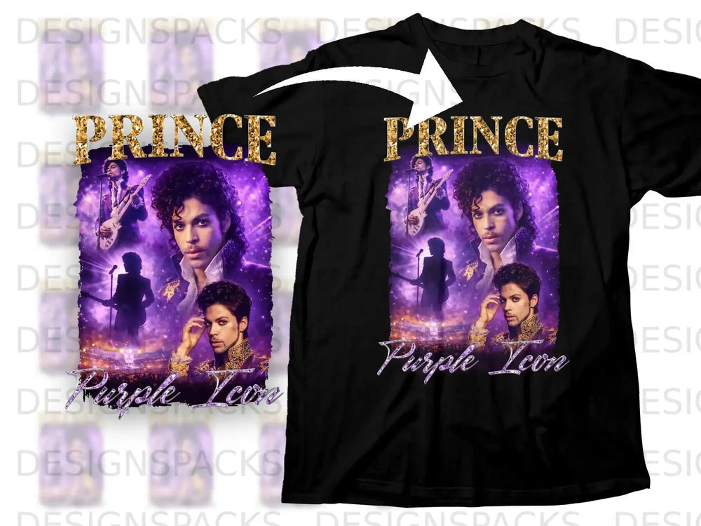 Black t-shirt featuring Prince in purple with "Prince Purple Icon" text.