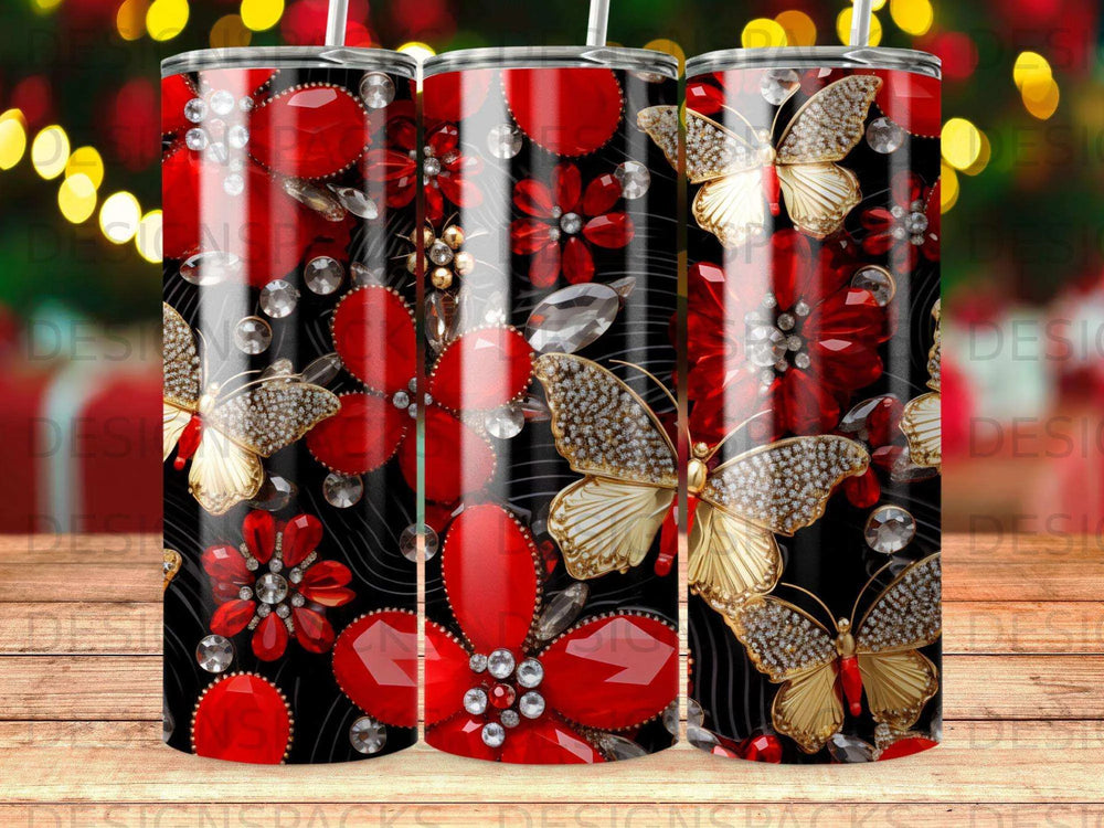 Regal Red Gemstone & Butterfly Tumbler Digital Wrap Design