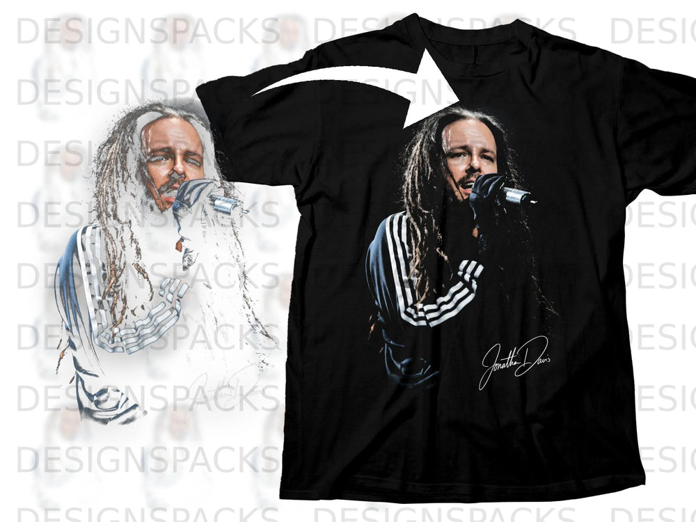 Black t-shirt with Jonathan Davis of Korn graphic and signature.