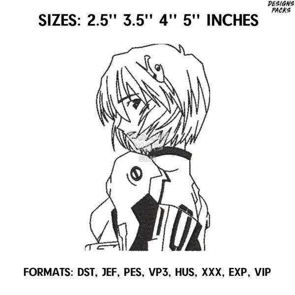 Rei Ayanami Embroidery Design File, Evangelion Anime Embroidery Design, Anime Pes Design, Machine Enbroidery