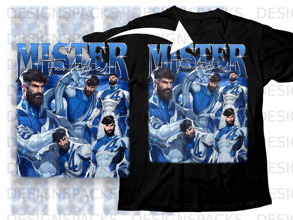 Mister Fantastic characters in blue and white costumes on a black t-shirt design.