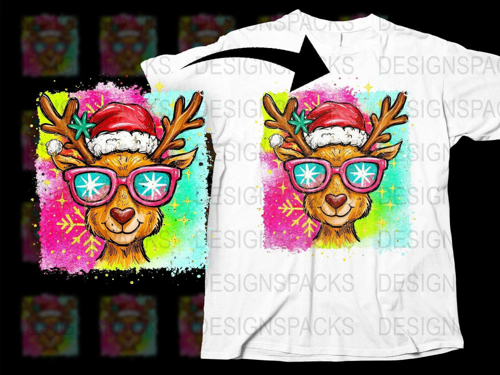 Colorful Reindeer T-Shirt with Glasses, Christmas Holiday Graphic Tee, Unisex Fashion Top for Winter Season