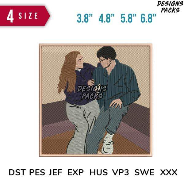 Romantic couple embroidery design in 4 sizes, DST PES JEF formats for instant download