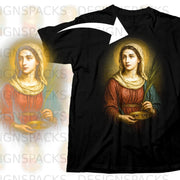 Black t-shirt featuring artwork of a woman with a halo holding palm fronds and eyes.