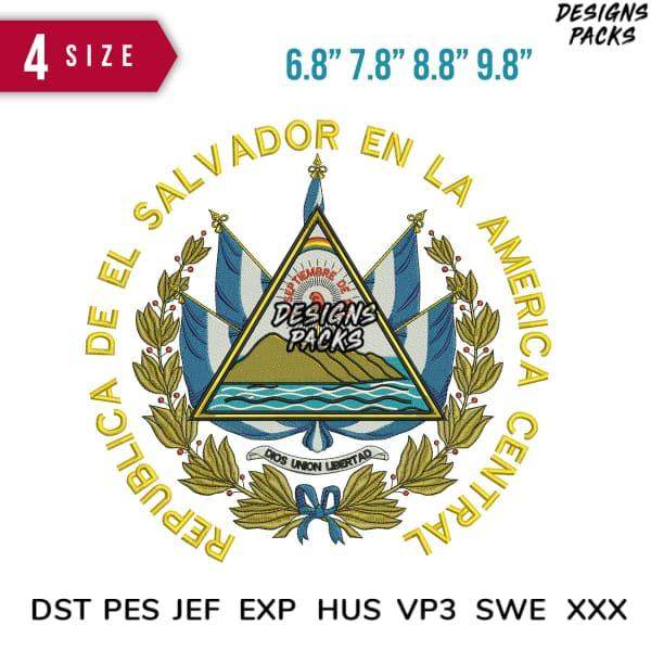 El Salvador flag emblem embroidery design in 4 sizes, print-ready formats for DTG, DTF, and tumbler wraps.