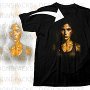 Black t-shirt mockup with a gritty graphic of a woman's face.