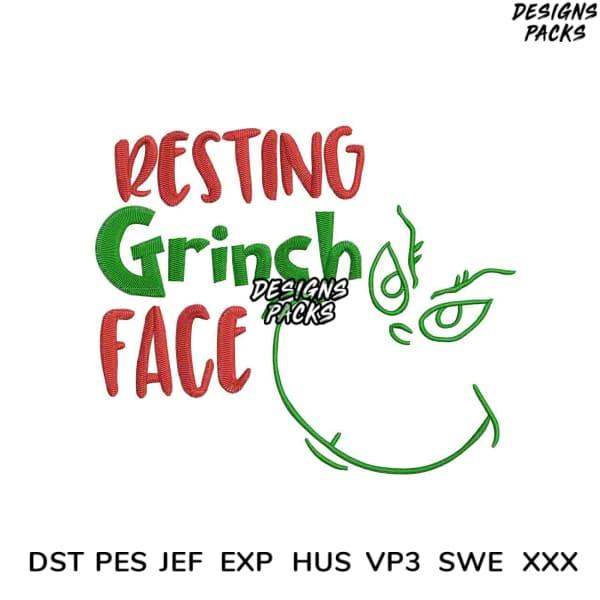 Resting Grinch Face embroidery design in red and green, compatible with DST PES JEF formats for holiday crafts