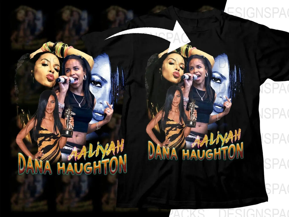 Aaliyah Dana Haughton tribute t-shirt design with collage art, print-ready for DTG or DTF