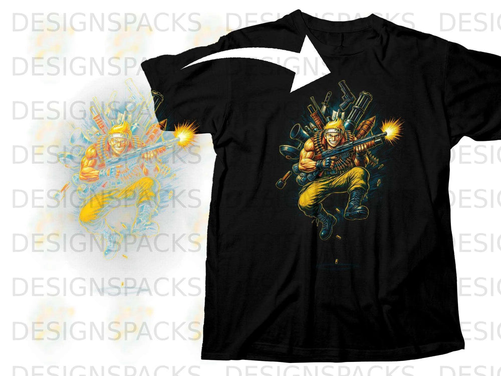Black t-shirt featuring a cartoon soldier with guns and ammunition.