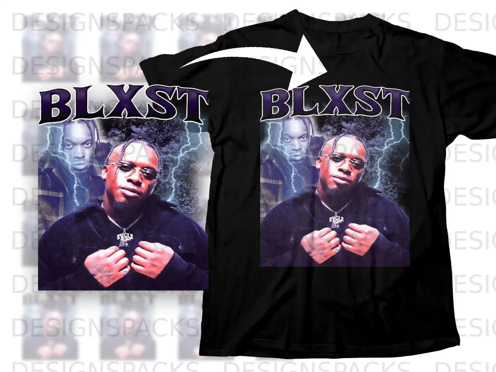 Black t-shirt featuring rapper BLXST with lightning graphic.