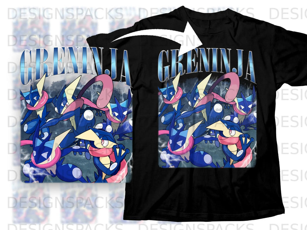Black t-shirt with multiple blue Greninja characters and "GRENINJA" text.