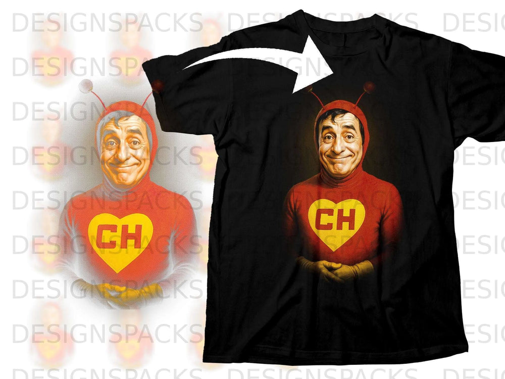 Black t-shirt with character El Chavo del Ocho in red suit and yellow heart logo.