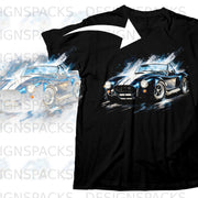 Black t-shirt with a blue vintage convertible sports car graphic.