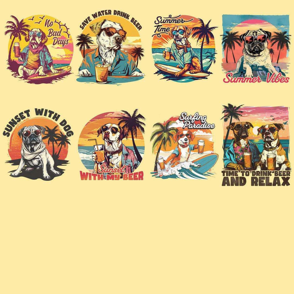 19 Retro Dog Summer Beach Designs Bundle PNG