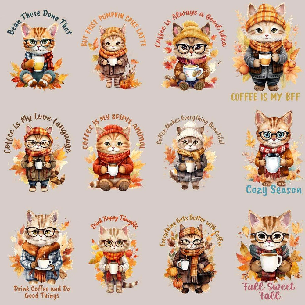 23 Retro Fall Cat Coffee Designs Bundle PNG
