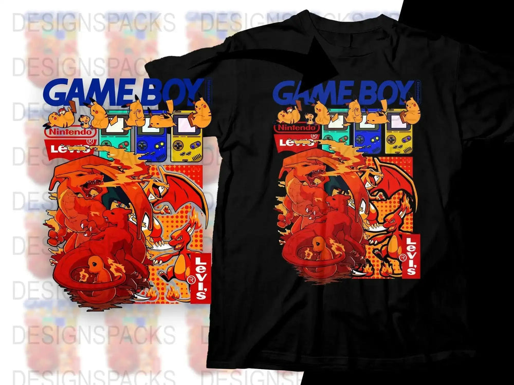 Retro Game Boy Pikachu and Charizard Graphic Png Digital Download