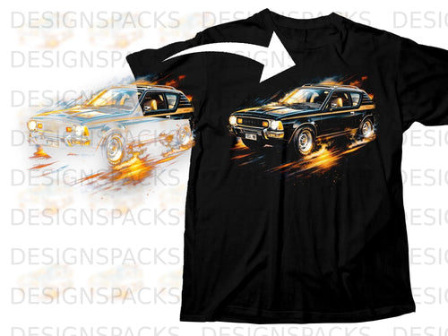Black t-shirt featuring a stylized graphic of a vintage AMC Gremlin in motion.