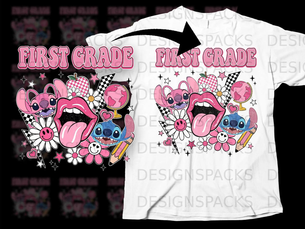 Pink "First Grade" text with Stitch characters, lips, flowers, and apples.