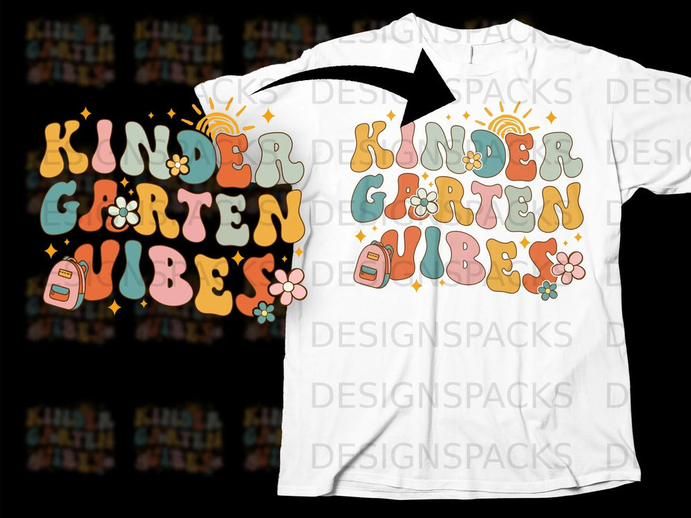 Retro groovy text "Kindergarten Vibes" with a backpack and sun on a white t-shirt.
