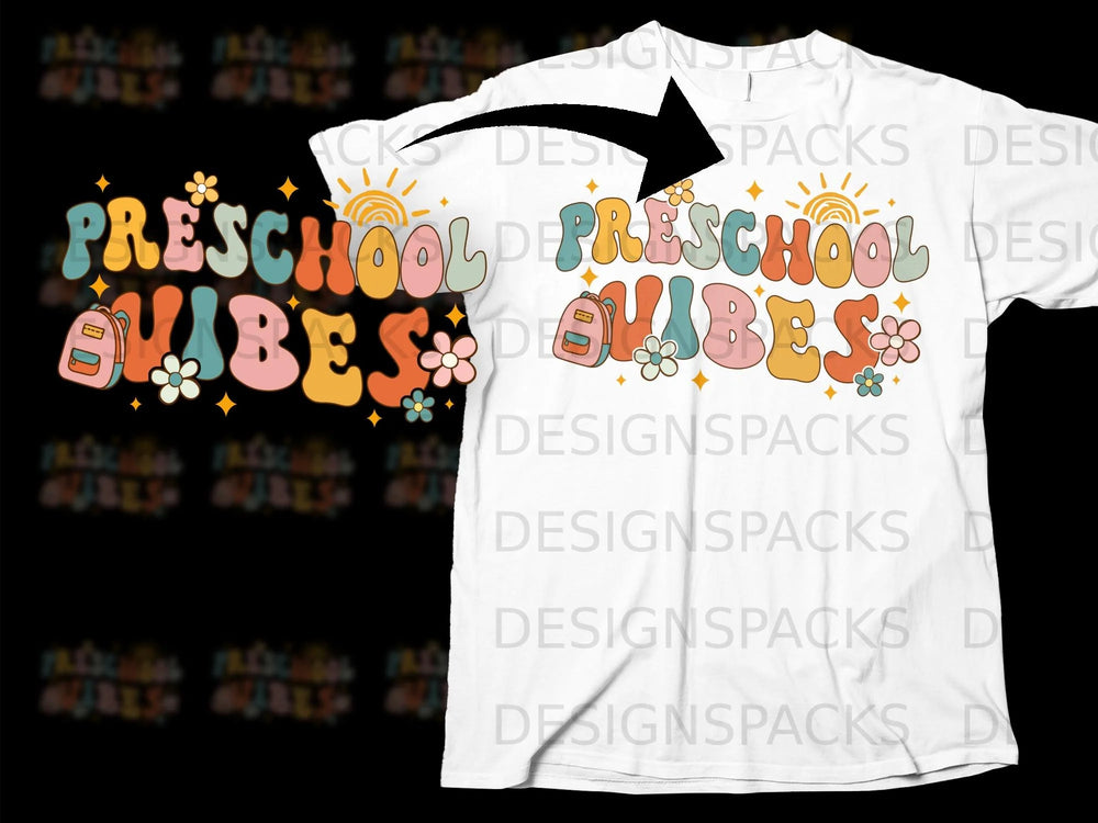 Preschool Vibes text with backpack, flowers, and sun on white t-shirt.