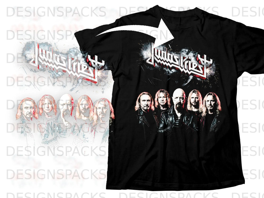 Black t-shirt with white Judas Priest logo and band members in leather jackets.