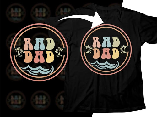 Rad Dad t-shirt design with palm trees and waves, print-ready for DTF/DTG