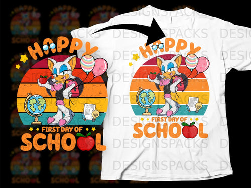 Bat character holding apple with balloons, globe, and 