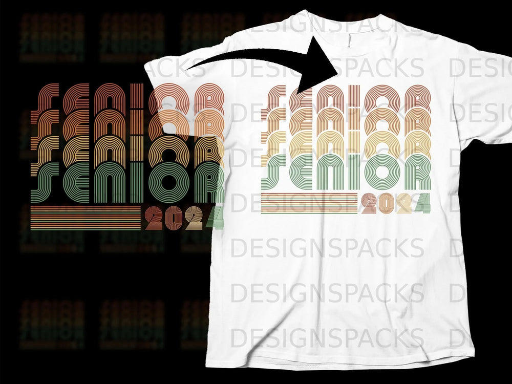 Retro "Senior 2024" text with arched lines and stripes on a white t-shirt.