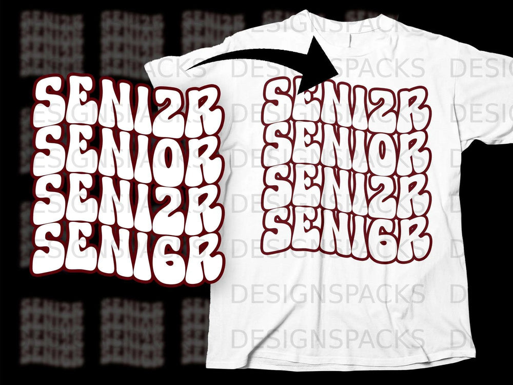 White t-shirt with repeating "SENIOR" text in maroon and white lettering.