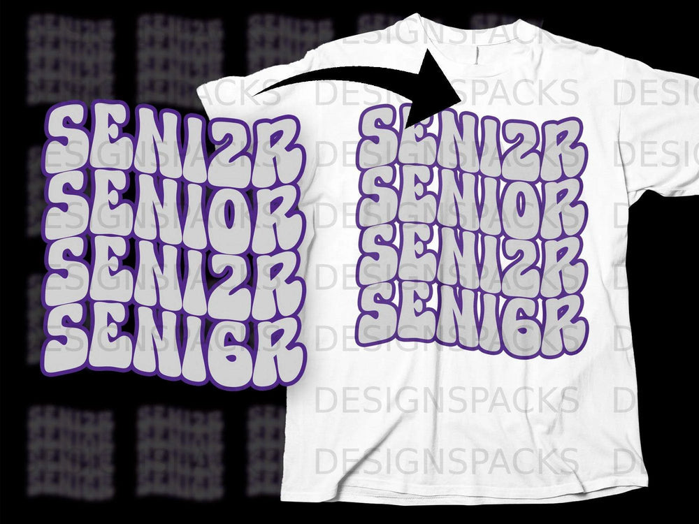White t-shirt with "SENIOR" repeated in a groovy font with purple outline.