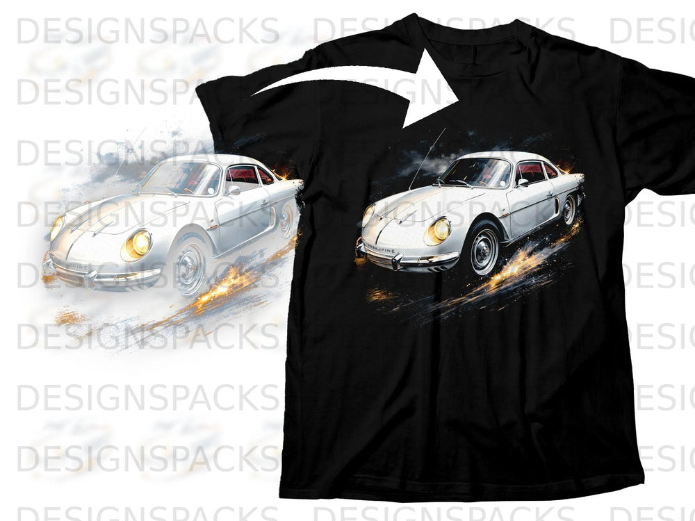 White vintage Alpine car graphic with fiery exhaust trail on black t-shirt.