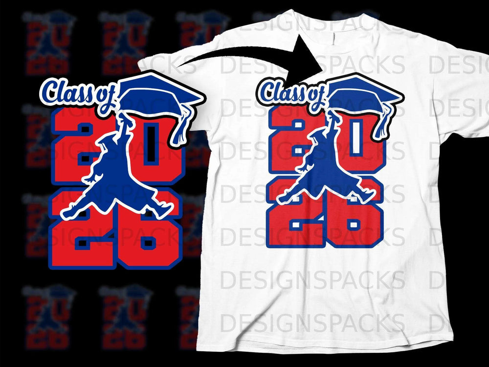 Class of 2026 graduation graphic with cap and leaping figure.