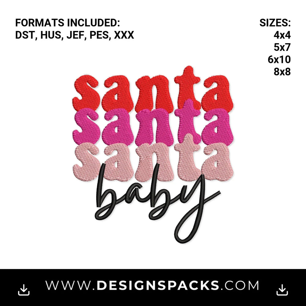 Retro Stacked Santa Baby Christmas Embroidery Design - Instant digital download pattern at Designspacks.com