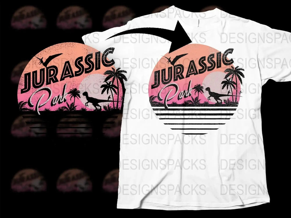 Retro Sunset Jurassic Park Dinosaur Graphic Png Digital Download