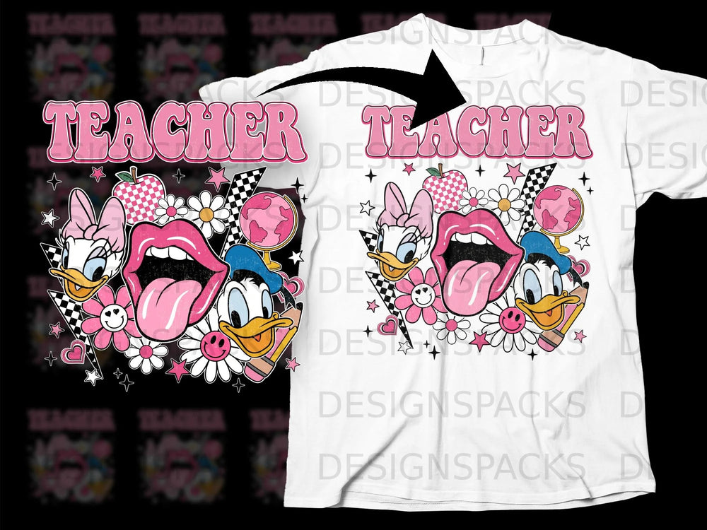 Pink "TEACHER" text with Donald Duck characters and school-themed graphics.
