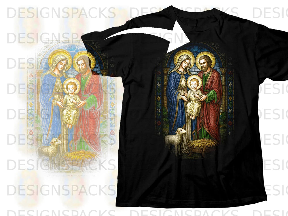 Holy Family stained glass design on a black t-shirt.