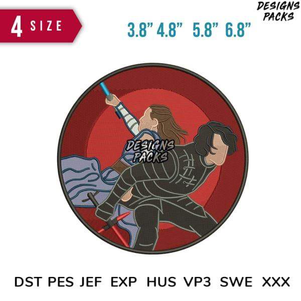 Embroidery design featuring two characters in dynamic pose, available in 4 sizes and multiple formats.