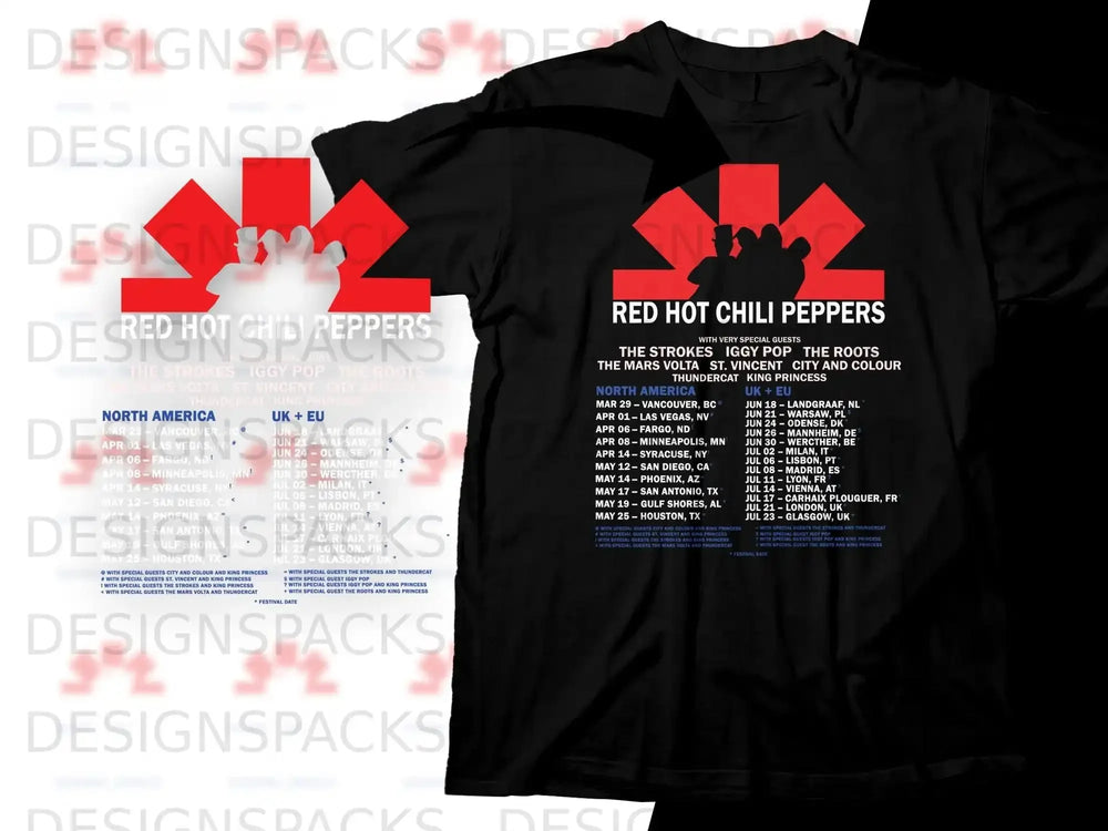Red Hot Chili Peppers tour shirt with North America and UK/EU dates.