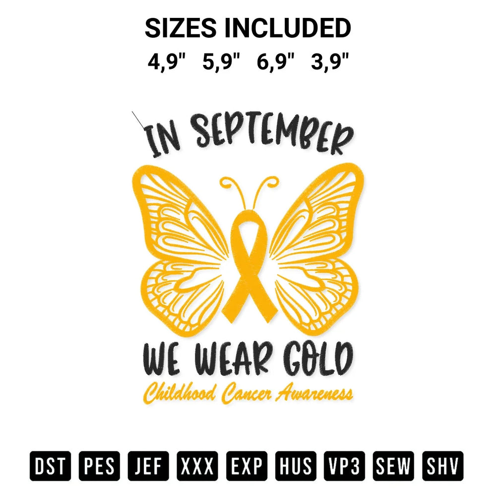 Ribbon Butterfly In September We Wear Gold Childhood Cancer Awareness Logo Embroidery Design