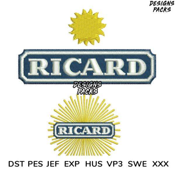 Ricard logo embroidery design with sunburst, available in DST, PES, JEF formats for instant download