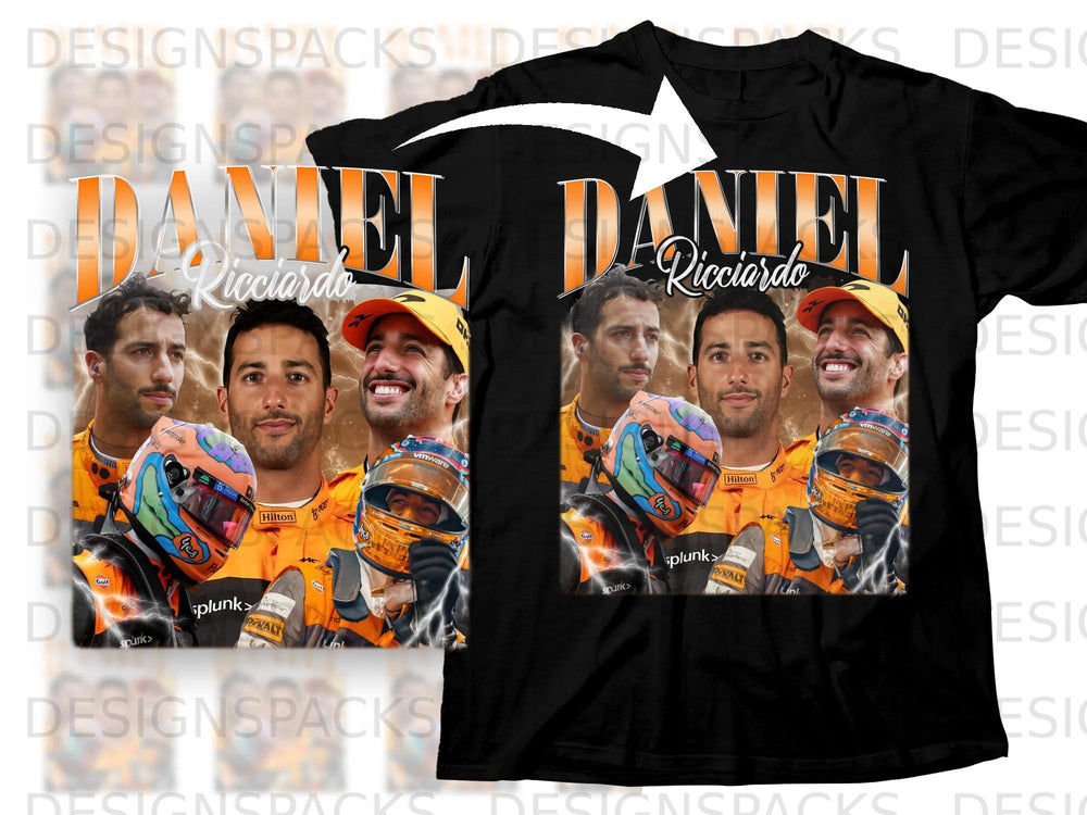 Daniel Ricciardo graphic with three portraits and lightning effect on black t-shirt.