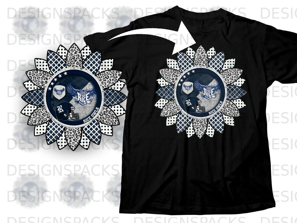 Sunflower design with Rice Owls logo, football helmet, and patterned petals on a black t-shirt.